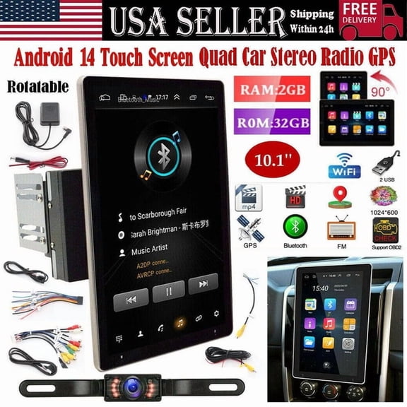 Zcargel Car Stereo Android 14 Double Din 10.1" Rotatable Touch Screen, Car Radio with Wireless CarPlay Android Auto, GPS Navigation USB FM SWC Audio, 2 32GB for Chevy Tahoe Suburban 2007-2014