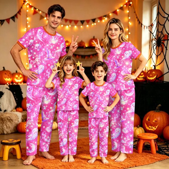 Halloween Pajamas, Family Matching Pajamas, Halloween Pajamas for Family, Halloween Family Matching Pajamas Pink Galaxy Ghost Moon Print Short Sleeve Set for Fall Festival, Baby 12 Months