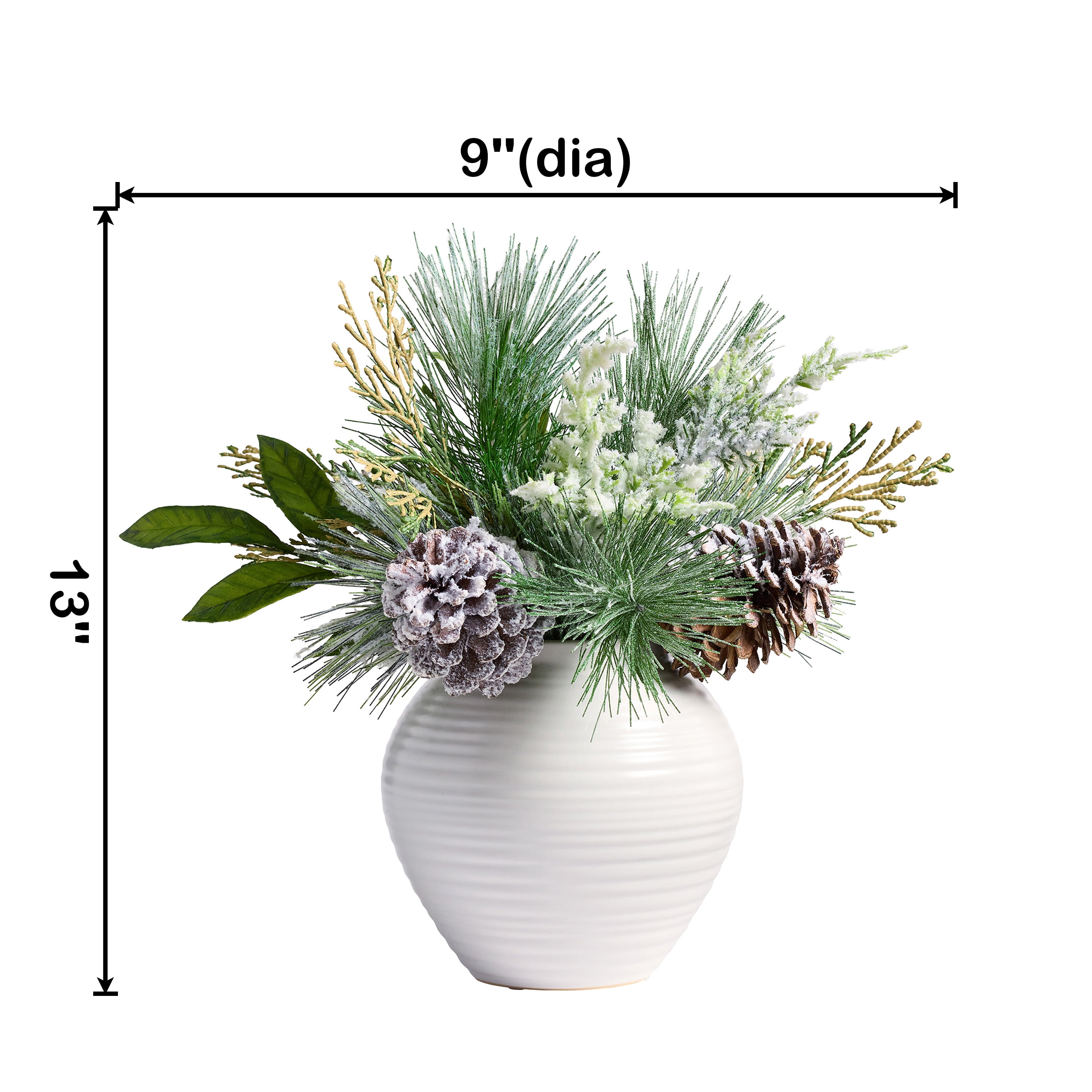 Better Homes & Gardens 13 in Artificial Frosted Pine in Ceramic Vase, Indoor, Green