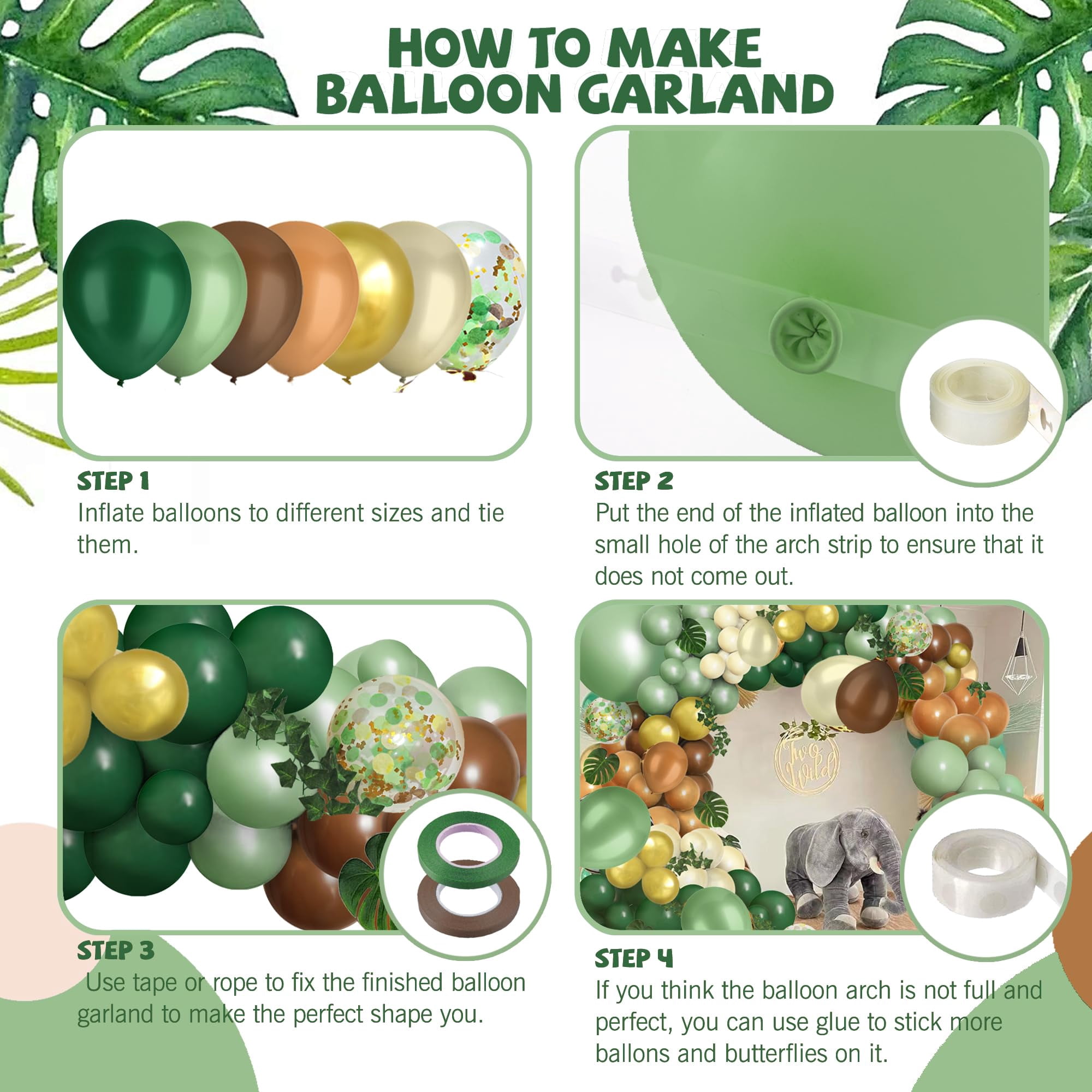 Safari Balloon Arch Kit Green Brown Jungle Garland with Animal Print Balloons Palm Leaves