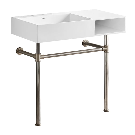 Kingston Brass KVPB3368SQA8 Aurelius 36-Inch Solid Surface Console Sink with Stainless Steel Legs (8-Inch, 3-Hole) in Matte White/Brushed Nickel