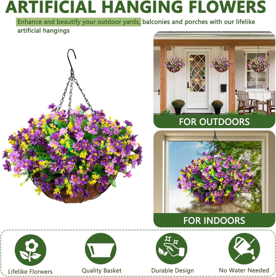 Artificial Hanging Flowers in Basket,Fake Daisy Plants Arrangement,inch Coconut Lining Basket Hanging Plant,Outdoor Indoor Patio Lawn Garden Porch Spring Decor (Dark Purple)