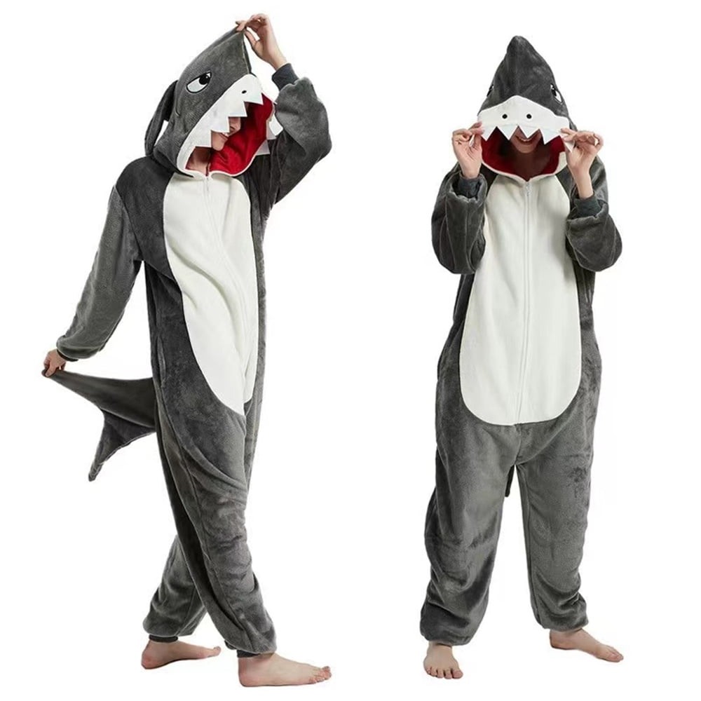 Cute Cartoon Shark Pajamas Family Flannel Onesie Gray Blue Pink