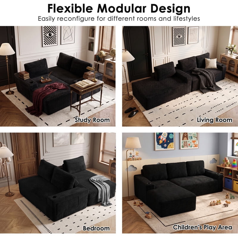 Anpport 104" Boneless Cloud Modular Sectional Couch, Corduroy Sofa with Cup Holders, Side Pockets, Deep Seat, No Assembly Required for Living Room, Black (L‑Shaped, Left Facing Chaise)