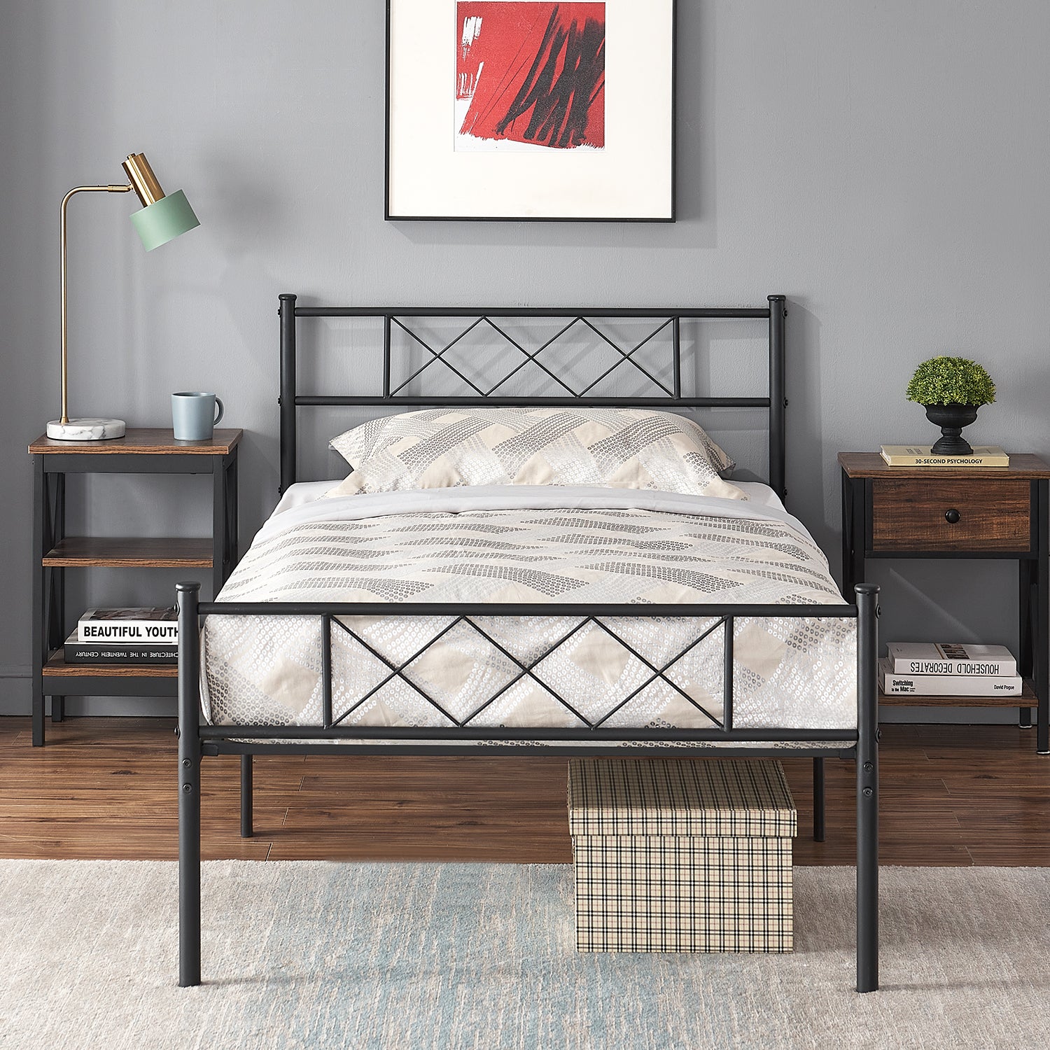 Twin Size Bed Frame VECELO Metal Platform Mattress Foundation Box Spring Replacement with Headboard Victorian Style Twin Size Bed Frame VECELO Metal Platform Mattress Foundation Box Spring Replacement with Headboard Victorian Style