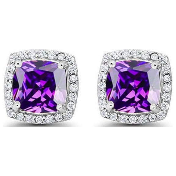 14k White Gold 2 Ct Created Halo Princess Cut Plated Amethyst Stud Earrings Plated by Paris Jewelry