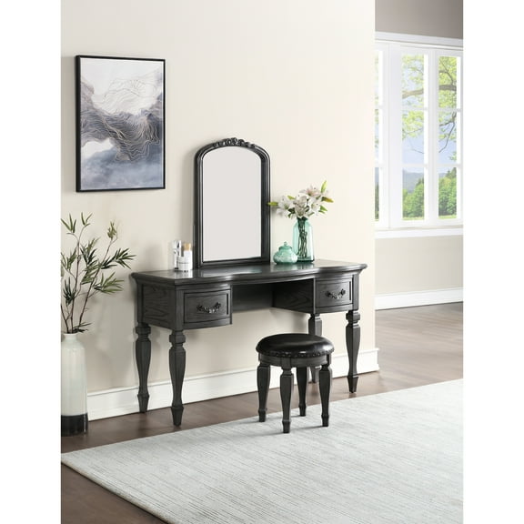 Antique White Bedroom Vanity With Wooden Mirror And Padded Stool - Classic Design