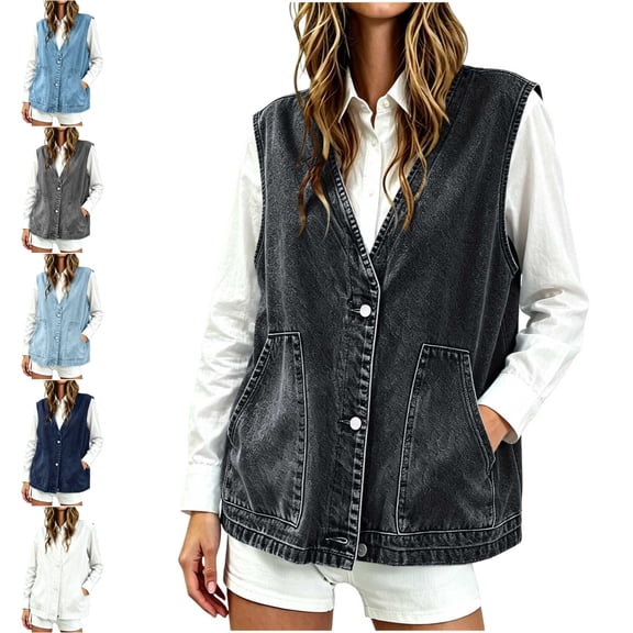 Levmjia Women's V Neck Denim Vest Button Front Sleeveless Jacket Loose Fit Casual Solid Color Western Waistcoat with Pockets for Daily Wear