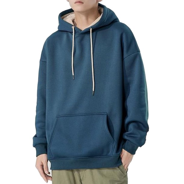 pstuiky Camisas de manga larga abrigadas para hombre, Sudadera con capucha de piel de cordero para hombre, color liso, terciopelo grueso, manga larga, cordón ajustable y bolsillo m