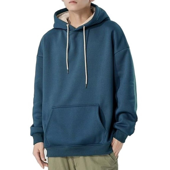 ohmzyzo Men's Drawstring Hooded Sweatshirt Fleece Lined Long Sleeve Pullover Tops Casual Loose Solid Color Fall Winter Hoodies with Pocket Blue XXL
