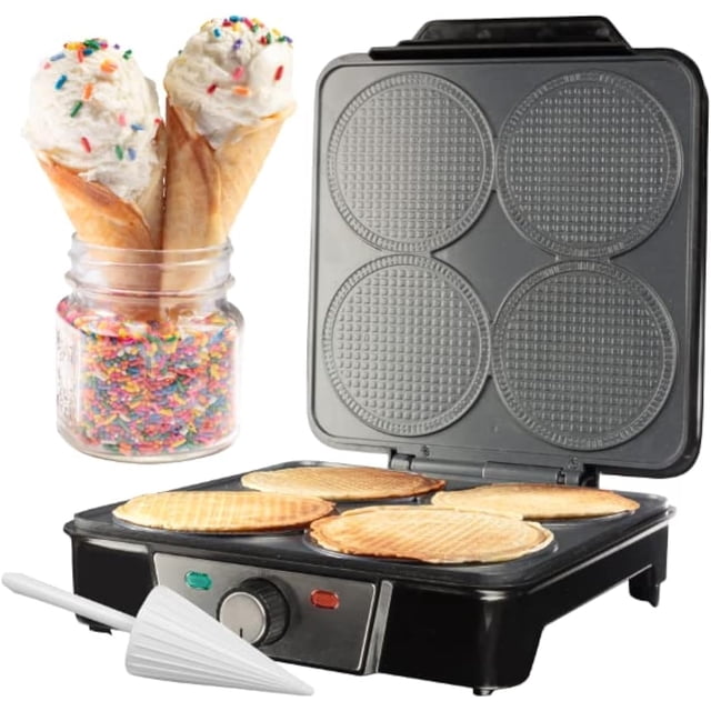 Mini Waffle Ice Cream Cone Maker - Bake 4 Homemade Mini Cones at Once, Includes Shaper Roller - Make Fun Bite Sized Entertaining Desserts for Holiday Parties and Gift Giving