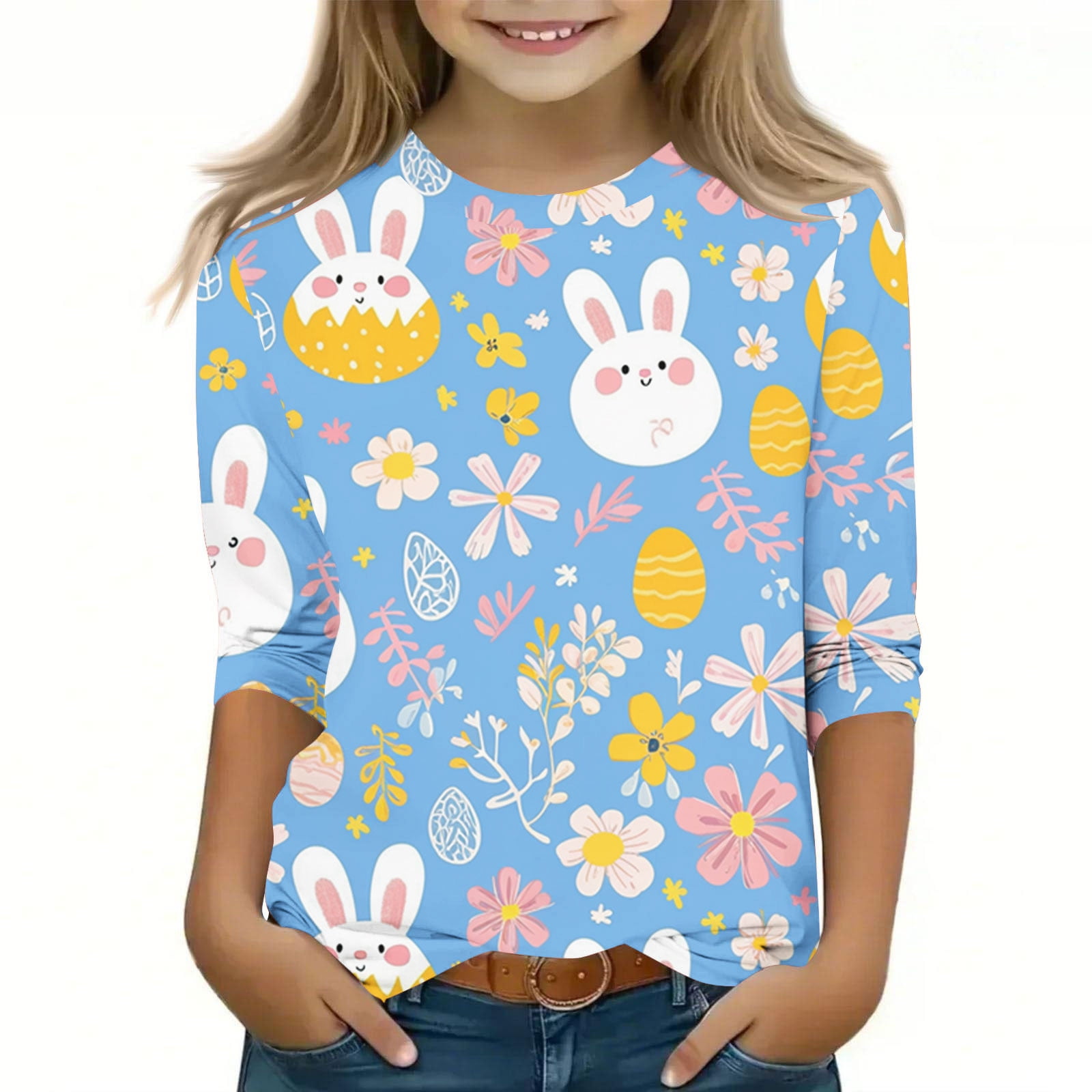 Jinhomg Bunny T Shirts for Girl Oversized Comfy Short Sleeve Crew Neck Tees Lightweight Casual Easter Day Tops Toddler Kids 2025 Holiday Outfits Kid Blue 11 Years