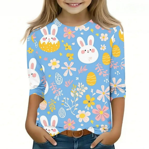 CFLVAEK Summer Toddler Boys Girls Easter Tees 3/4 Sleeve Cute Bunny Rabbit Flower Graphic T Shirt Casual Children Clothes Easter Gifts For Kids Blue 7 Years