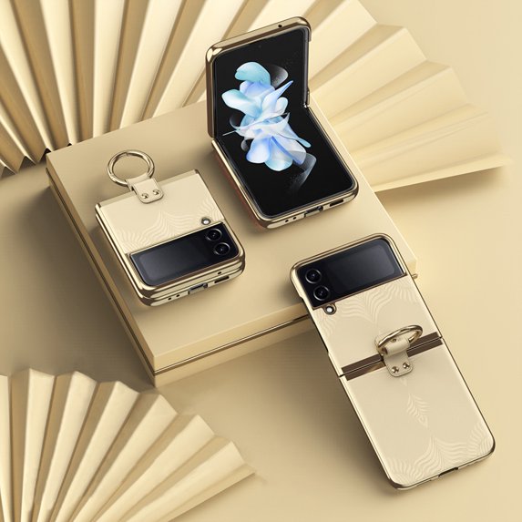 SaniMore for Samsung Galaxy Z Flip 4 (6.7" 2022) Case, Wear-resistant PU Leather Skin with Embossed Flower, 360 Degree Rotating Ring Kickstand, Slim Lightweight Shockproof Cover, Gold