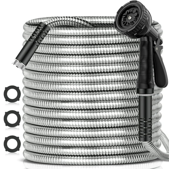 75FT Metal Garden Hose, 304 Stainless Steel Heavy Duty Water Hose W/ 10 Function Nozzle, Water Hose W/ Solid Brass Fittings & 3 Layers Latex Core, No-Kink, Tough&Flexible, Rust Proof for Yard Outdoor