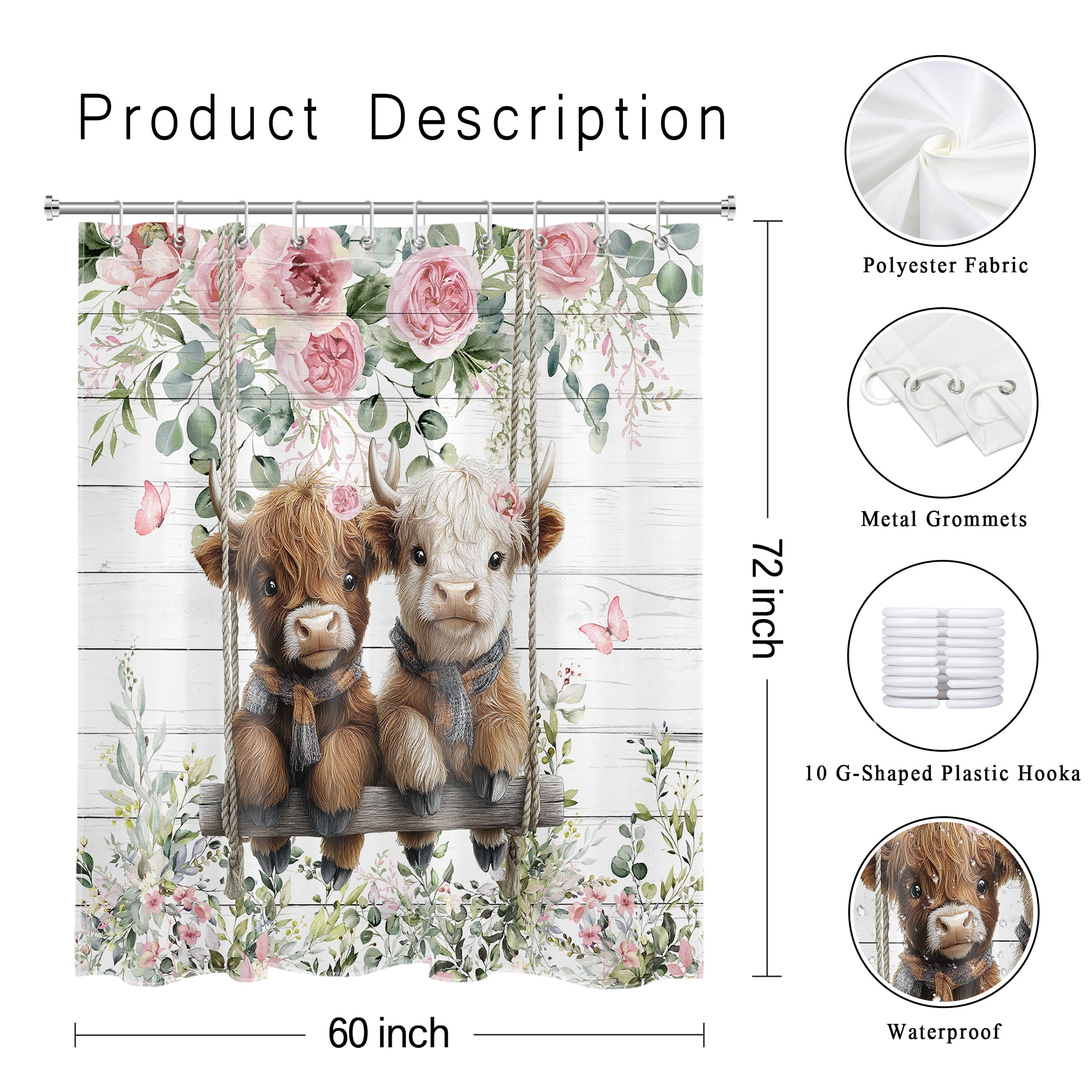 NEONWE Farmhouse Highland Cow Floral Shower Curtain, Pink Flower with Farm Cow and Eucalyptus Bathroom Curtain, 60x72 Inches