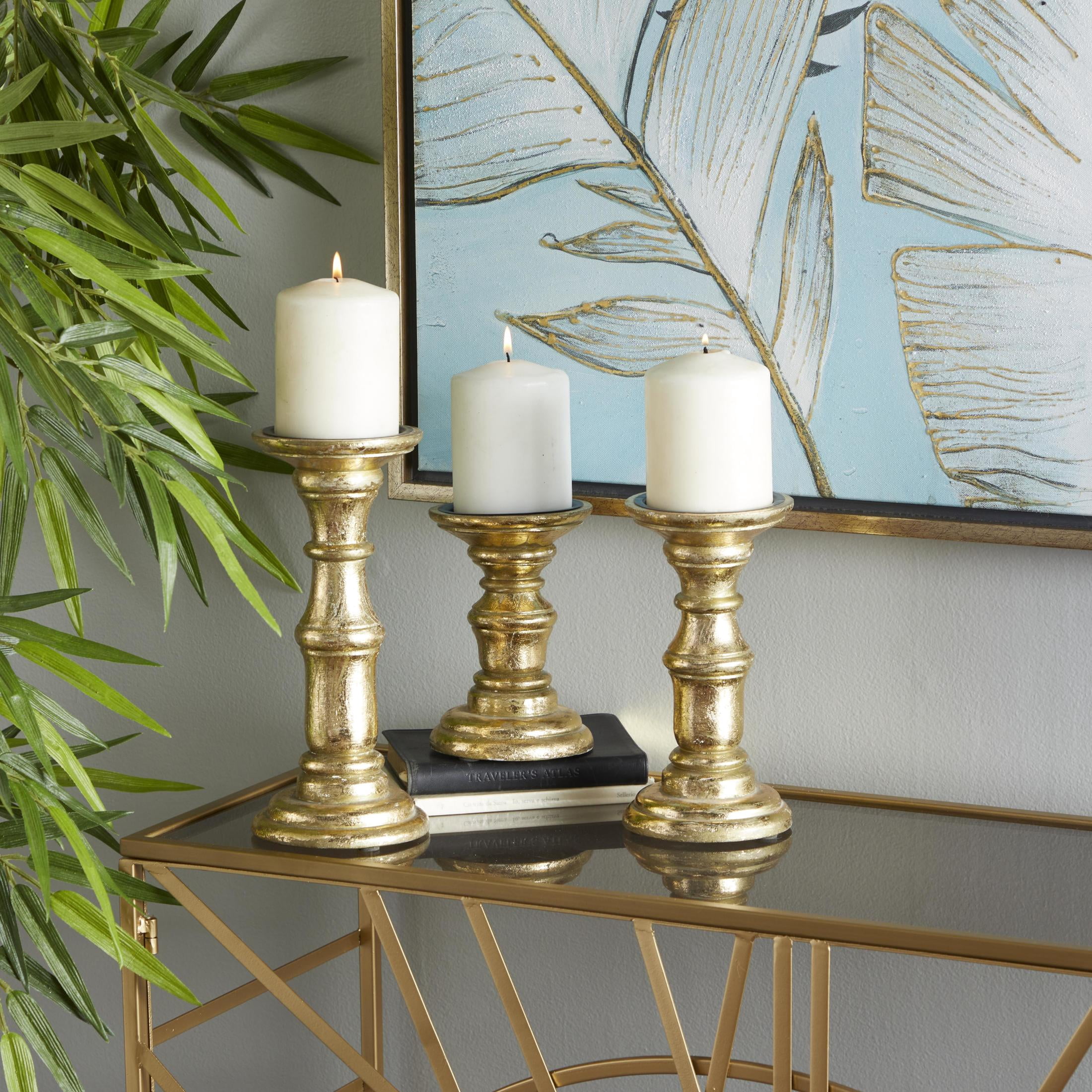 DecMode 3 Candle Gold Mango Wood Turned Style Pillar Candle Holder, Set of 3