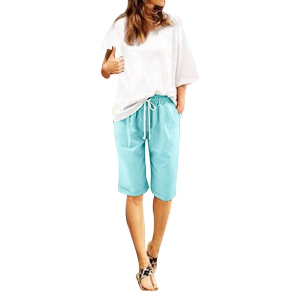 Womens Linen Pants And Shorts Bermuda Shorts for Women 2025 Knee Length Elastic Waist Drawstring Loose Wide Leg Shorts Summer Beach Clothes