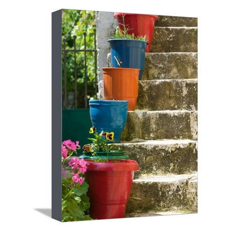 Staircase with Flower Planters, Fiskardo, Kefalonia, Ionian Islands, Greece Stretched Canvas Print Wall Art By Walter