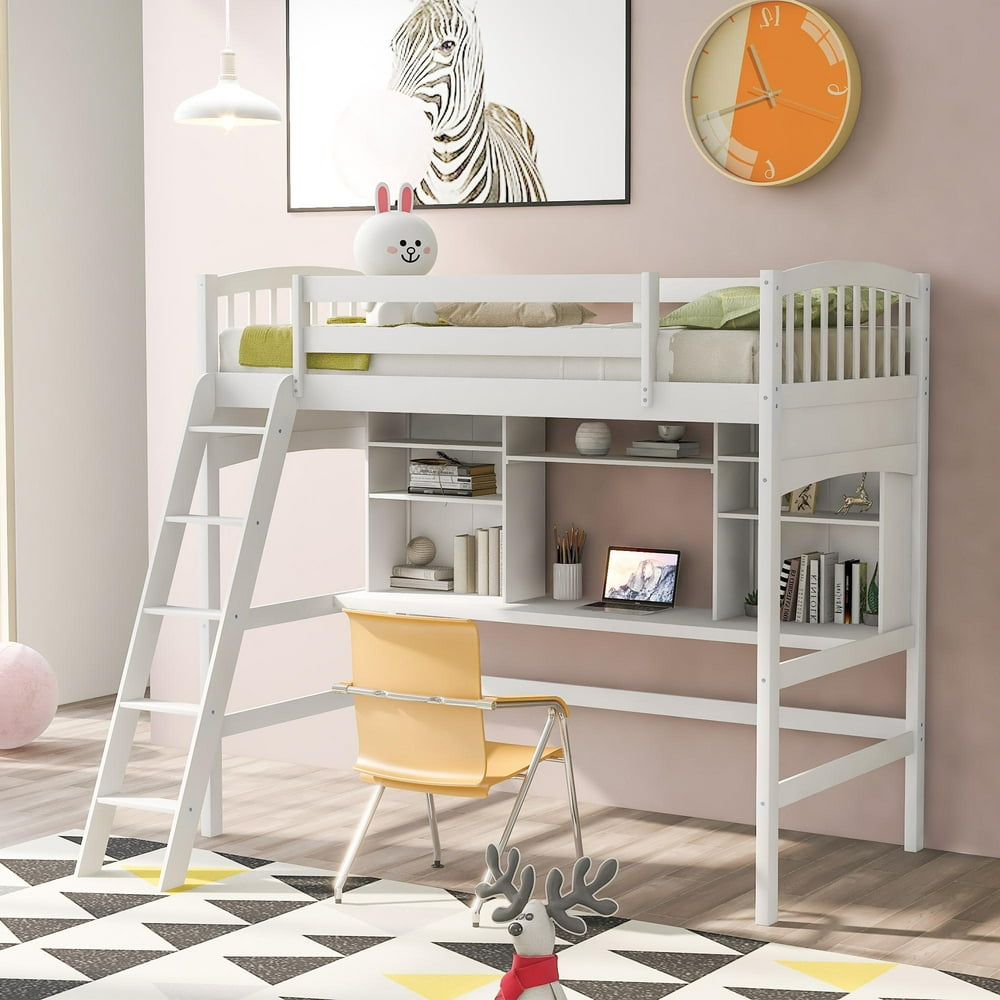 Twin Loft Bed with Desk and Storage Shelves, Wood Bed Frame for Kids