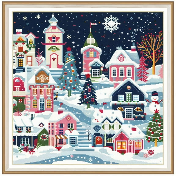 Christmas Town with Colorful House DIY 11CT Stamped Cross Stitch Kits for Beginners Easy Needlepoint Embroidery Counted Cross Stitch Art Craft for Wall Decoration 14x14inch(3)