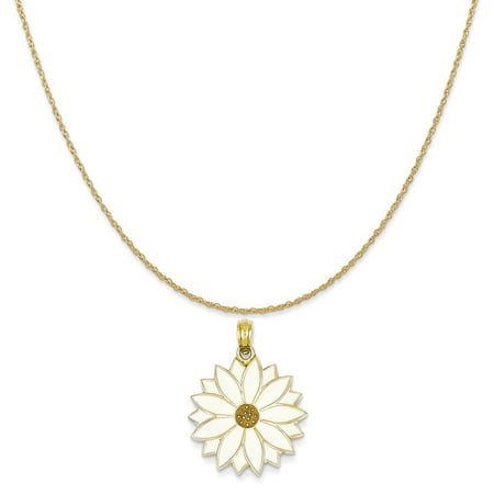 Enamel Flower Daisy - 14k Yellow Gold Enameled White Daisy Flower Pendant on 14K Yellow Gold Rope Chain Necklace, 18