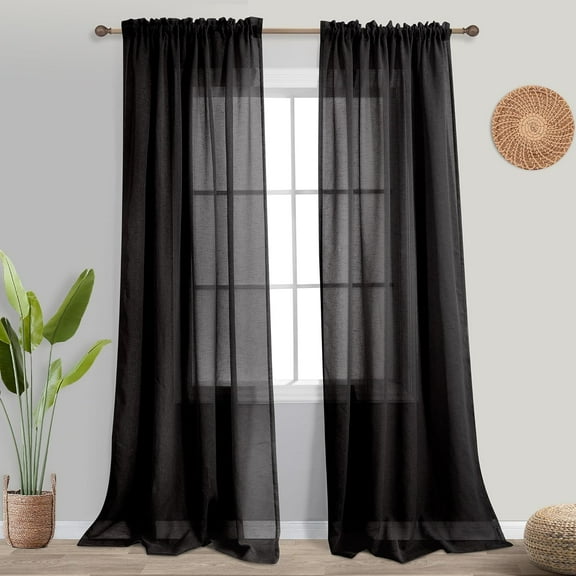 TIFEE 2 Piece Elegant Solid Sheer Window Curtain Panels Treatment Drapes(55" X 95", Black)
