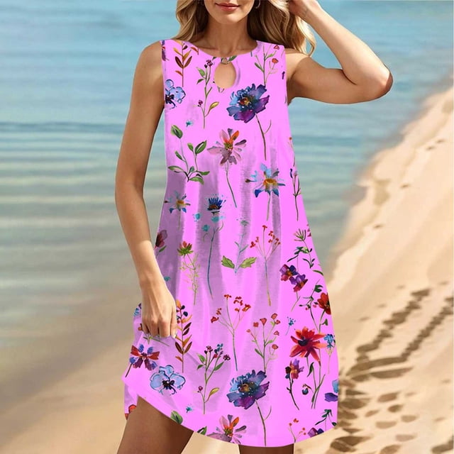 FcBaudy Robe Sans Manches Col Rond, Robes d'Été pour Femmes, Robes pour Femmes Col Rond Sans Manches Dégradé Teinture sur Nœuds Robe de Plage Robe pour Femmes