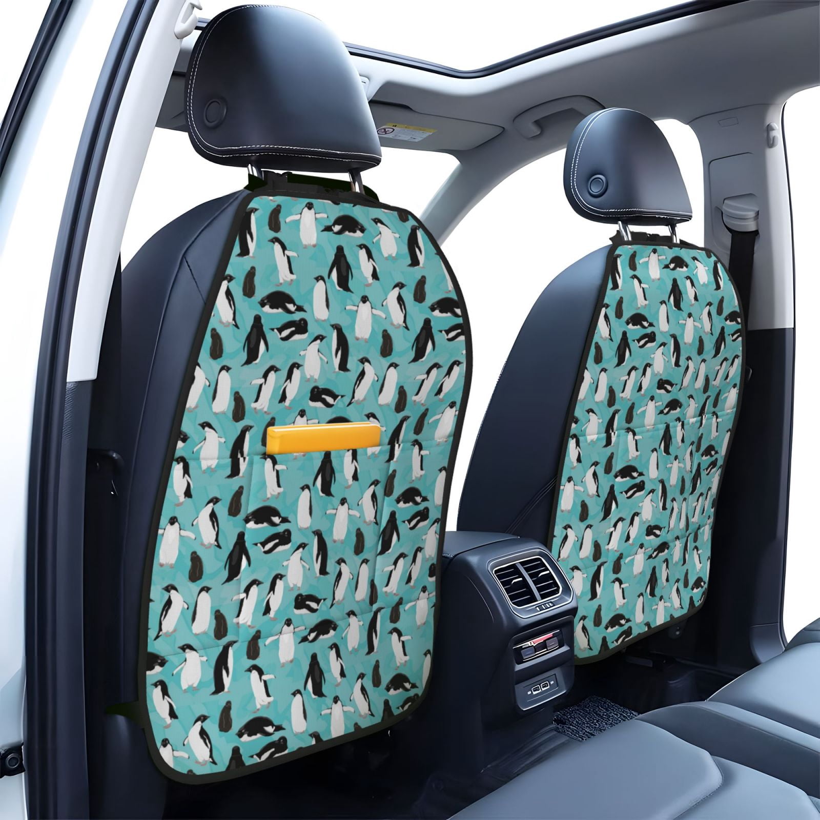 Xecao Penguins Pattern Car Seat Back Protector 2 Pack Large Capacity Pocket, Kick Mats Back Seat Protector