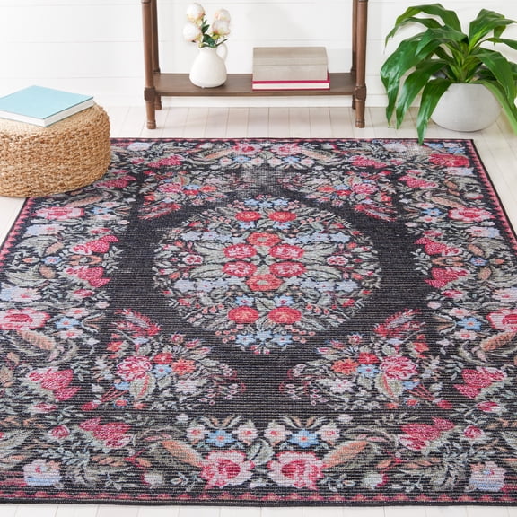 SAFAVIEH Besarabian Jimmy Floral Machine Washable Area Rug, Black/Sage, 8' x 10'