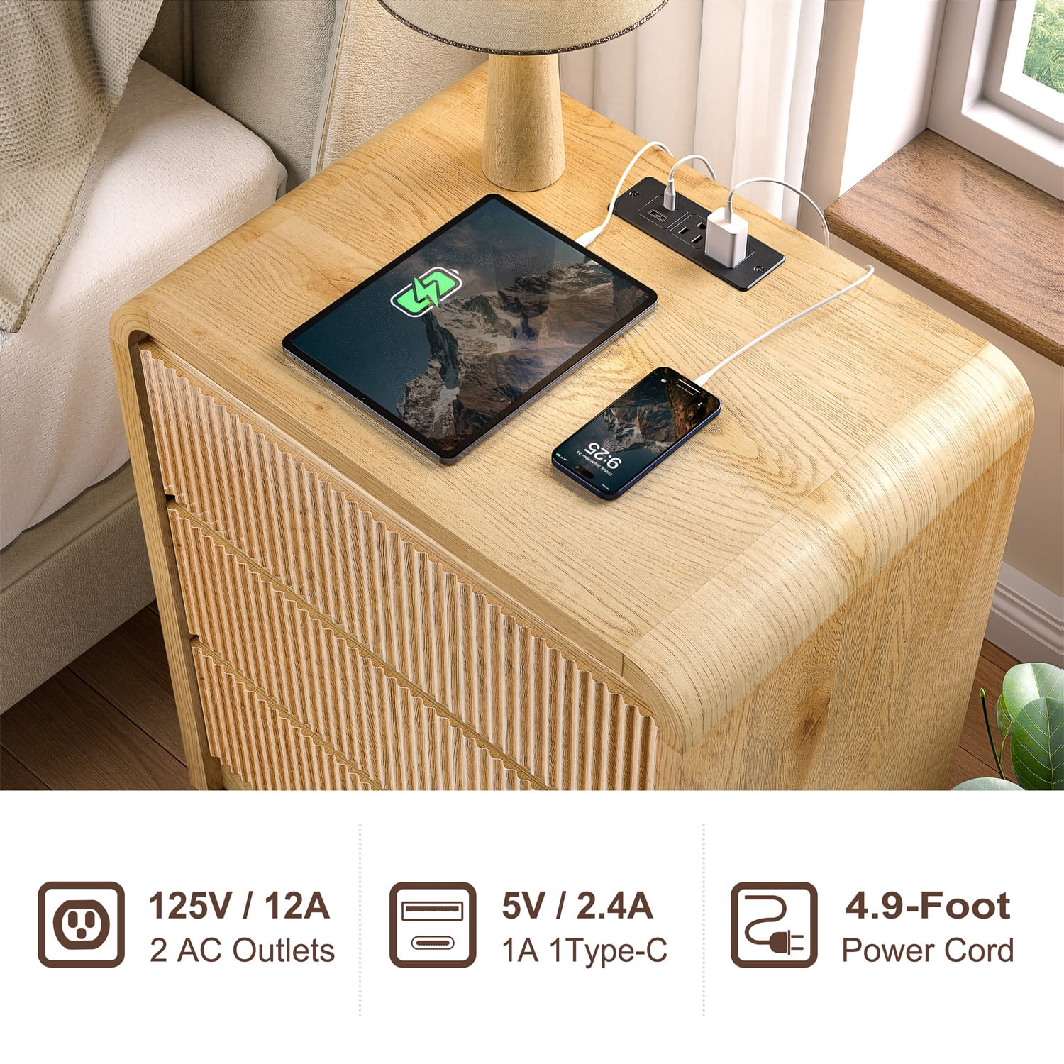 Hommoo Modern Fluted Wood Nightstand with Built-in Charging Station, 25" Tall Bedside Table with 3 Smooth-Glide Drawers, USB Ports & AC Outlets, Mid-Century Bedroom End Table, Natural