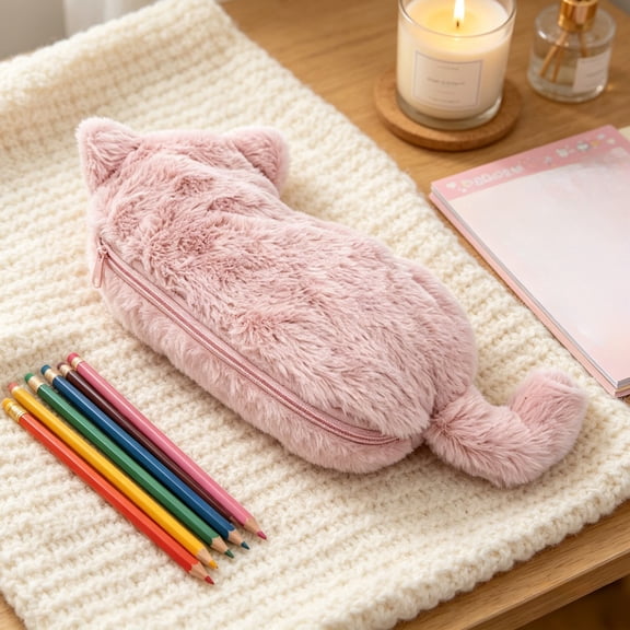 Summer Saving!Back_to_School Saving!School_Supplies!Under $5 dollars!Special Pencil Case Pouch, Cartoons Cute Cats Plushs Pencil Case Light And Large-capacityStationery Storage Bag, Pink