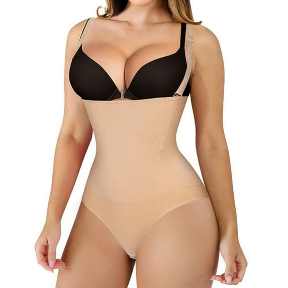 UP TO 15% OFF! Women Waist Trainer Shapewear Thong Bodysuit Seamless Tummy Control Panty Faja Open Bust Body Shaper, Skin, M-L