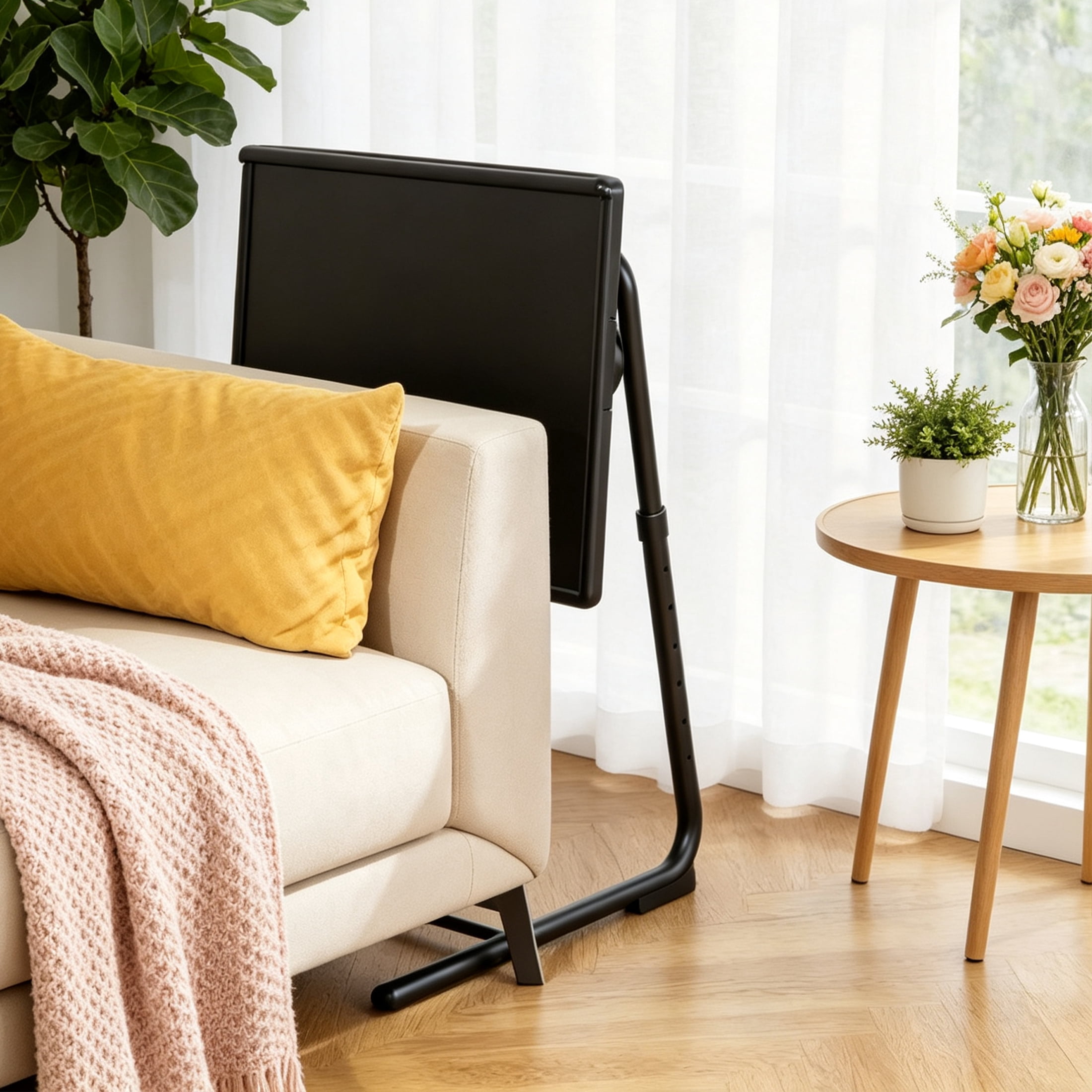 Adjustable TV Tray Table with 6 Height & 3 Tilt Angle, Folding TV Dinner Tray, TV Table with Cup Holder on Bed & Sofa, Portable C-Shaped Side Dinner Tray Table