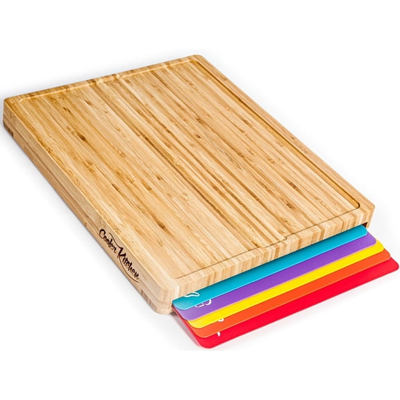 Easy-to-Clean Bamboo Wood Cutting Board with set of 6 Color-Coded Flexible Cutting Mats with Food Icons - Chopping Board Set