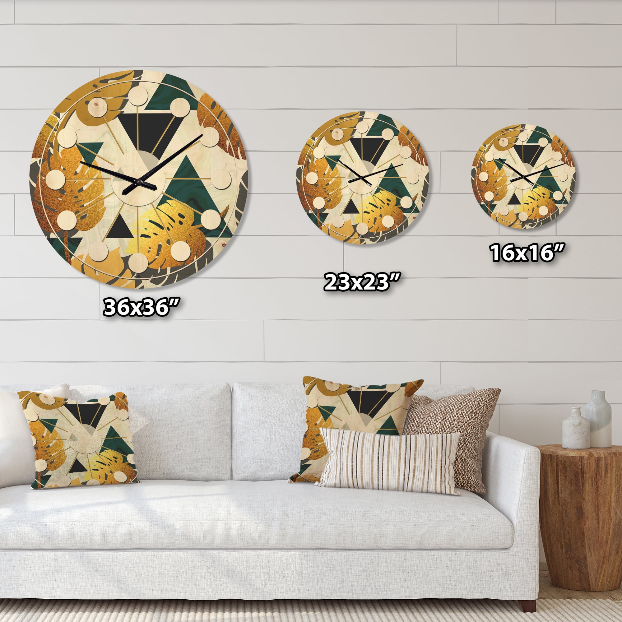 Designart 'Retro Golden Foliage V' Mid-Century Modern Wood Wall Clock