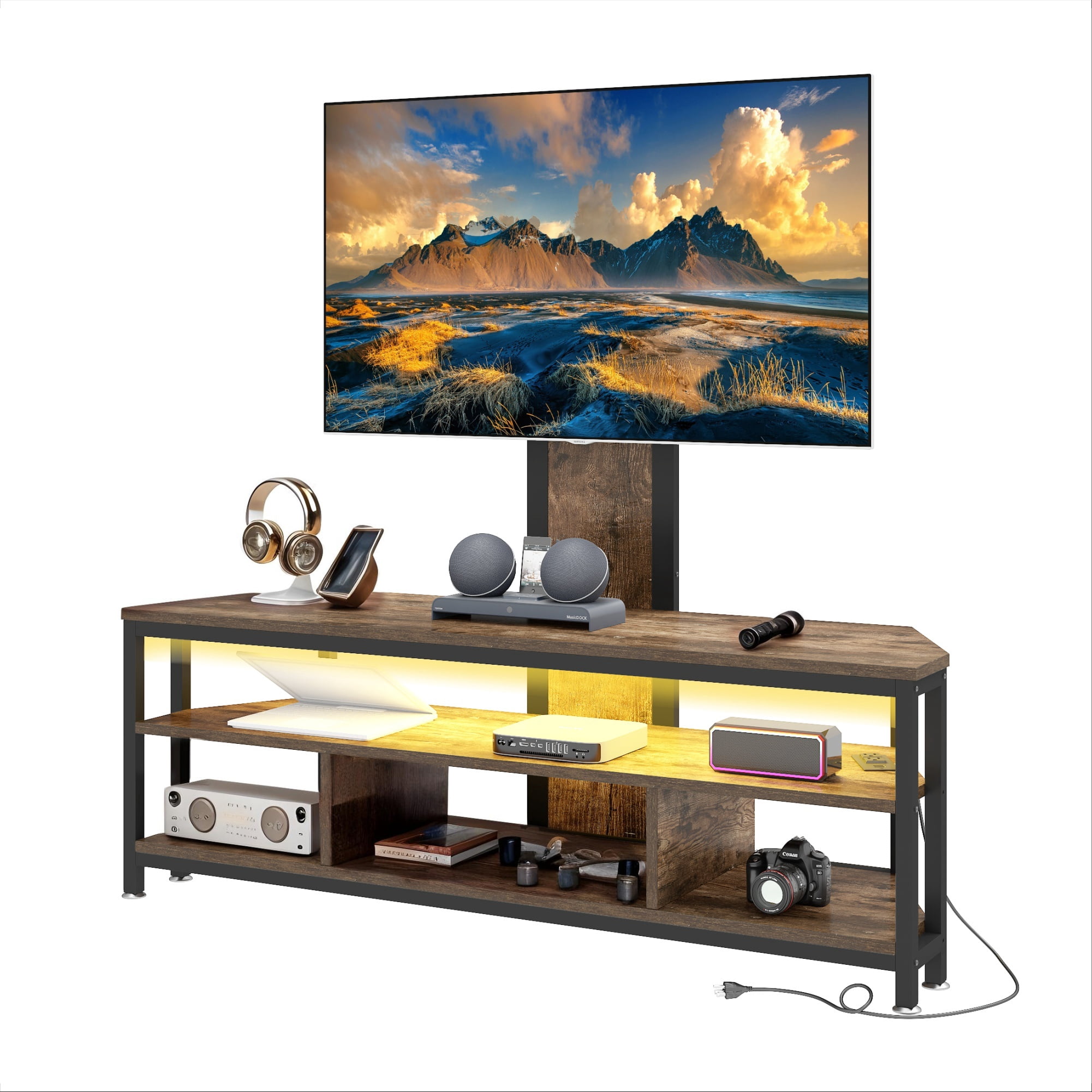 Uforic Height Adjustable TV Stand Mount with Power Outlet with LED Lights for TVs up to 70 inches, Brown
