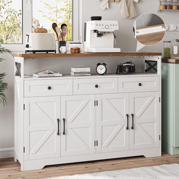 Veanerwood 51.2" W/132 cm Farmhouse Sideboard Buffet Cabinet, Wood Kitchen Cabinet with Drawers & Open Space, Antique White,