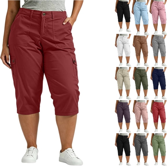 Tumotour Plus Size Summer Cargo Shorts for Women's Solid Color Straight-Leg Shorts Elastic Waist Casual Bermuda Shorts with Pockets
