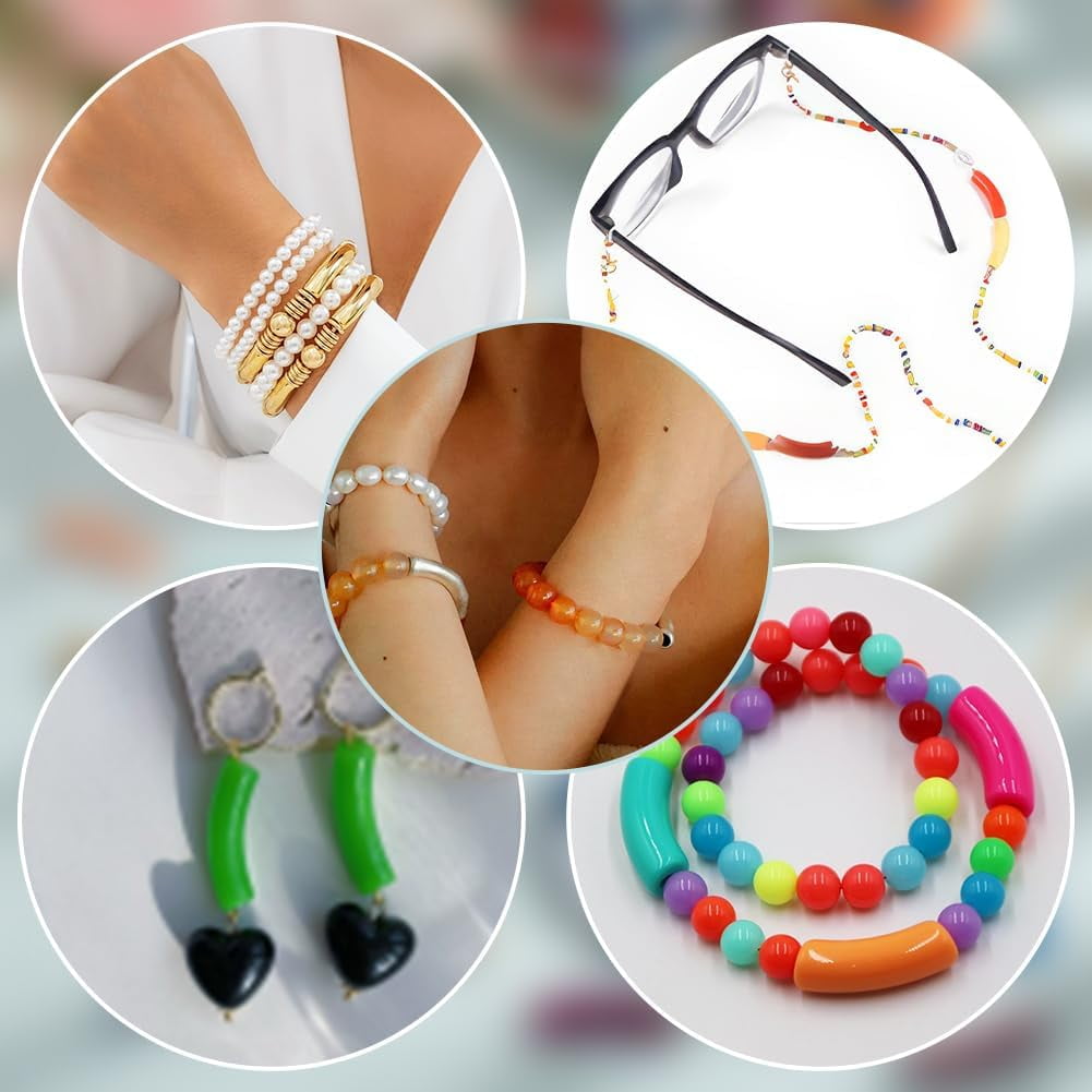 440Pcs Curved Tube Beads Kit Including 180Pcs Acrylic Tube Beads 60Pcs Brass Rhinestone Spacer Beads 200Pcs Acrylic Pearl Beads Elastic Thread for Jewelry Making colorful