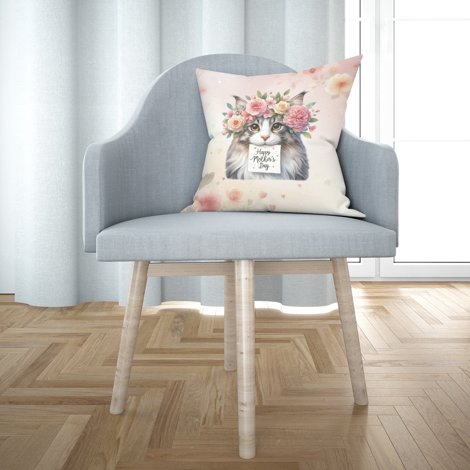 Happy Mother's Day Maine Coon with Flower Crown and Greeting Card Pillow Cushion Double Sided Cat Lover Kitten Owner Gifts Throw Pillow - 13004