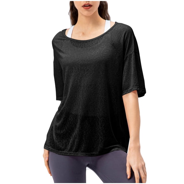 Hvobtty T-Shirt à Col Rond Décontracté à Manches Courtes pour Femmes, Blouse à Col Rond à Manches Courtes Respirante pour la Course, le Yoga et le Sport pour Femmes