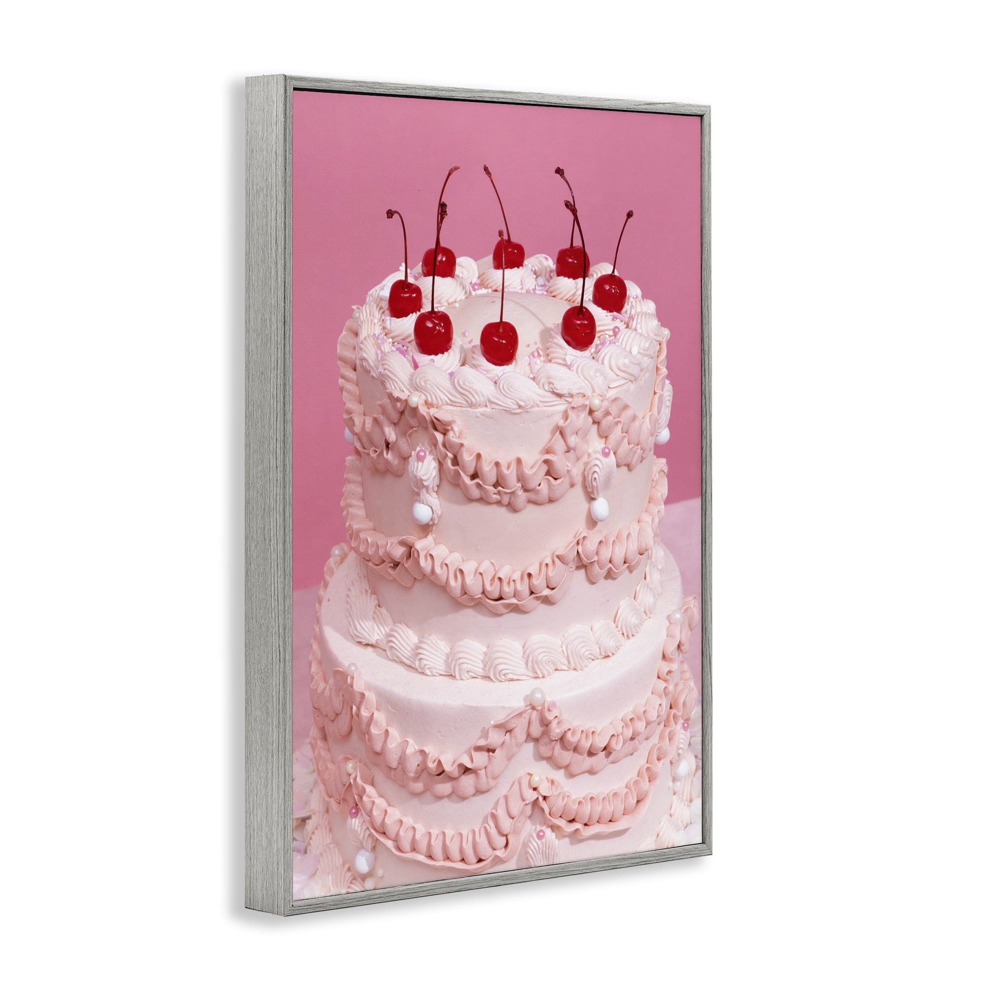 Stupell Industries Pink Cherries Cake Food & Beverage Painting Gray Framed Art Print Wall Art, 16 x 24
