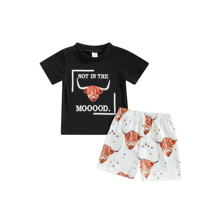 

KelaJuan Baby Boys Summer Outfits Bull Head Letter Print Short Sleeve T-shirt and Casual Elastic Shorts Set