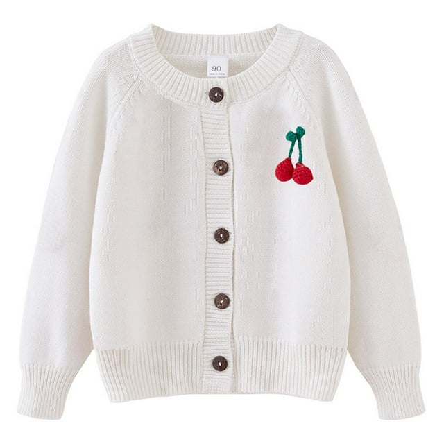 RXIRUCGD Cardigan Tricoté à la Main pour Filles, Col Rond en Coton, Veste Chandail pour Enfants (Blanc, Taille : 7 Ans)