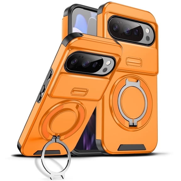 Sanwo for Google Pixel 10 /10 Pro Magnetic Case, Shock-Absorbent PC TPU Cover with Sliding Camera Lens Cover and Metal Ring Kickstand,Orange
