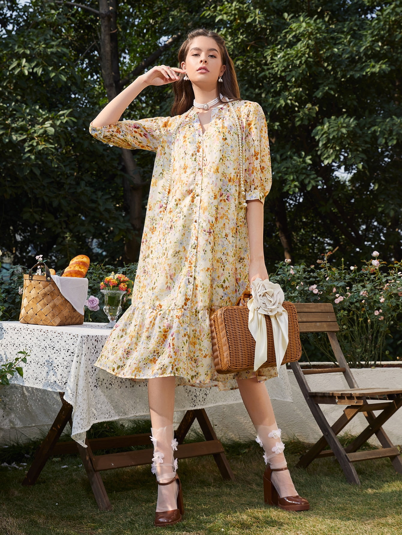 Women's Floral Print Notch Neck Puff 