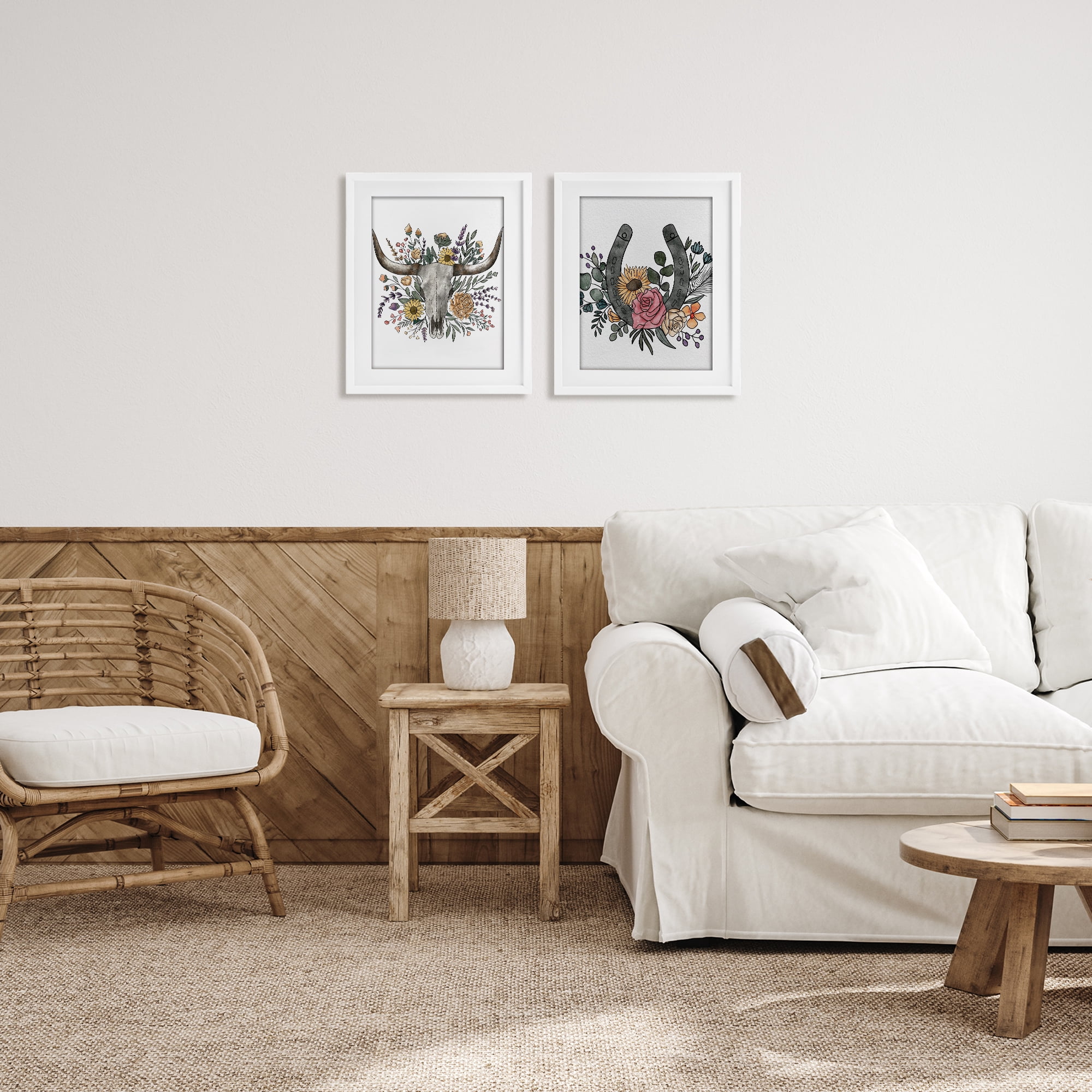 Stupell Industries Boho Longhorn & Horseshoe 2 Piece White Framed Print Under Glass Set, design by Alisha Kiara Design