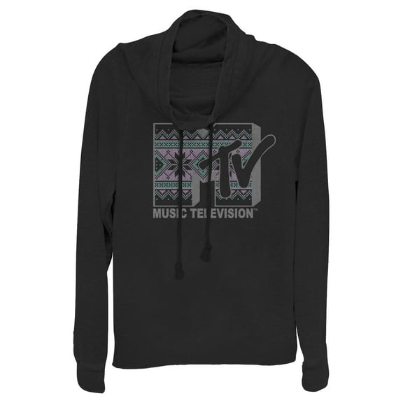 Junior's MTV Tapestry Logo  Cowl Neck Sweatshirt Black X Large