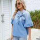 thumbnail image 5 of Camisa Vaquera de Cuello Alto con Botones y Lazo para Mujer, Mangas Abullonadas Elásticas, Corte Holgado, Top Corto de Mezclilla. Azul M, 5 of 10